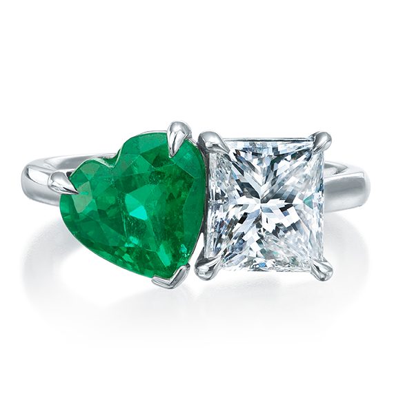 Platinum Heart Shape Emerald and Diamond Toi et Moi Ring